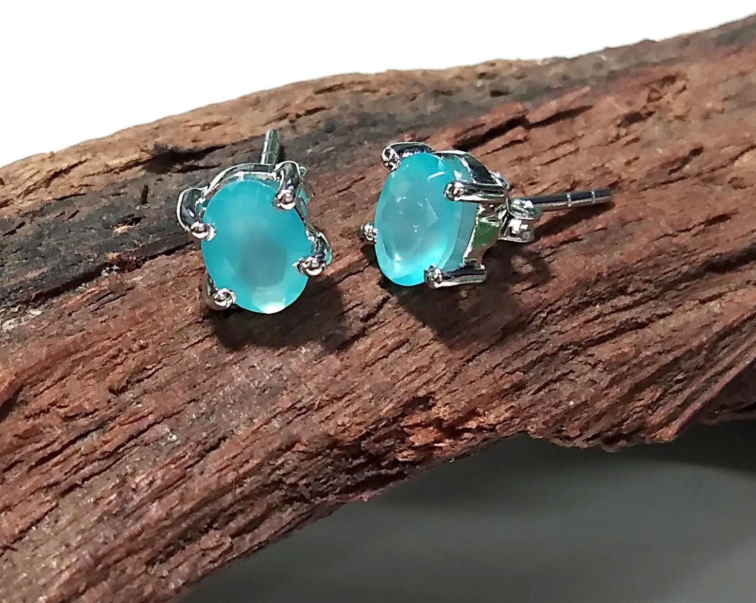 Aqua Chalcedony Stud Earrings, 925 Starling Silver Earring, Natural Aqua Chalcedony Studs Earring, Oval Shape Stone Size 7x5mm Gift For Her